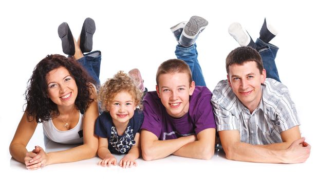 Portrait of happy Caucasian family smiling together on white background