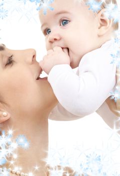 picture of happy mother with baby over white (focus on mother)