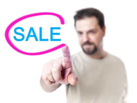 An image of a nice man pointing to a sale sign