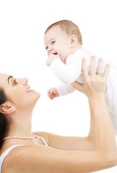 picture of happy mother with baby over white