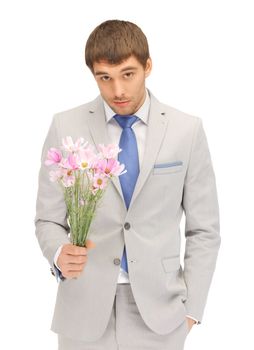 picture of handsome man with flowers in hand