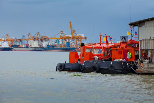 Industrial shipping port on sunset in Bangkok, Thailand