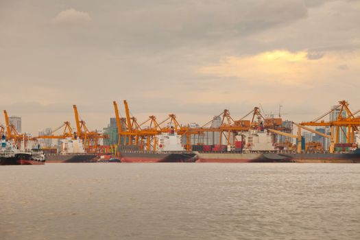 Industrial shipping port on sunset in Bangkok, Thailand