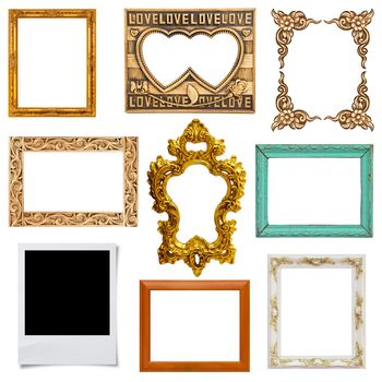 Gold and wood frame Collection on white background