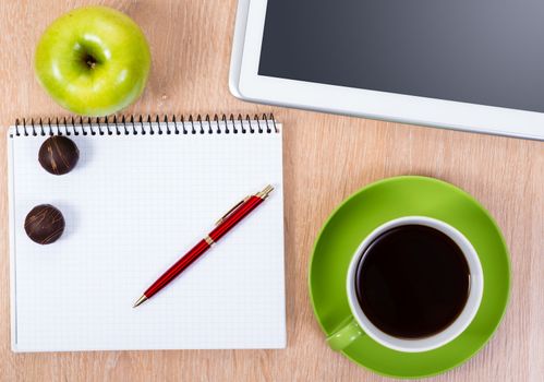 pen, coffee, notepad and tablet, workplace businessman