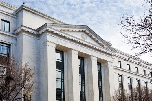 Carving of inscription on front of Dirksen Senate office building Washington DC