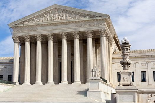 Facade of US Supreme court in Washington DC on sunny day