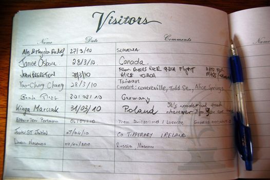 Visitors book in catholic church, Alice Springs, Australia