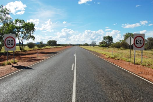 Empty highway with road signs in Northern Territory, Australia