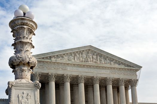 Facade of US Supreme court in Washington DC on sunny day