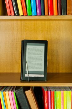 Electronic book reader staying on the book shelf