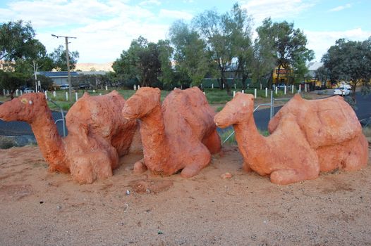 Camel statues made from red dirt, Alice Springs, Australia