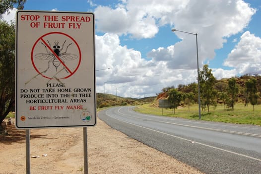 Quarantine sign on the road in Northern Territory, Australia