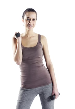 Woman  fitness with dumbbells isolated on white 