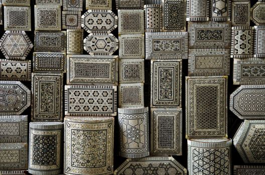 decorated souvenir boxes in cairo egypt souk market