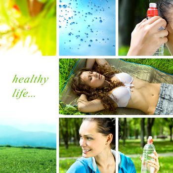 healthy life collage made in the forest with bottle of water