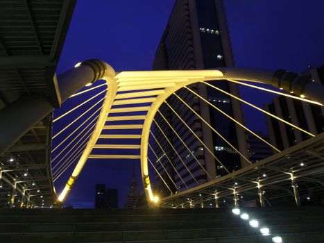 pubic skywalk at bangkok downtown square night, thailand