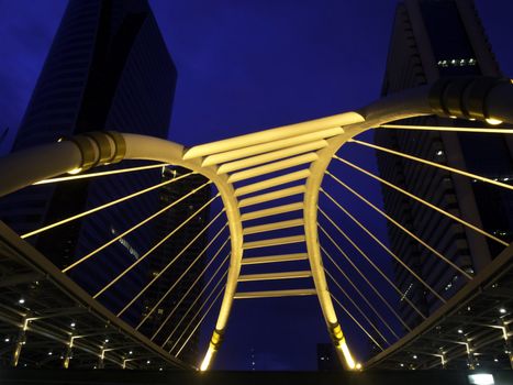 pubic skywalk at bangkok downtown square night, thailand