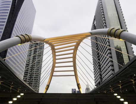 Pubic skywalk with modern buildings in business zone, bangkok, thailand
