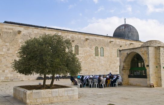 JERUSALEM - NOV 03 : Palestinian women seat near "El Aqsa" mosque  in the old city of jerusalem , Israel on November 03 2011