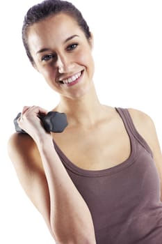 Woman  fitness with dumbbells isolated on white 