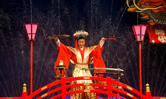 NIKKO , JAPAN - OCT 30 : An unidentified performer in the "Water magic" show held on October 30 2009 in Nikko Japan , "Water magic" is a Japanese traditional theater art  