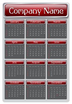 2013 Red Calendar, Sunday start day