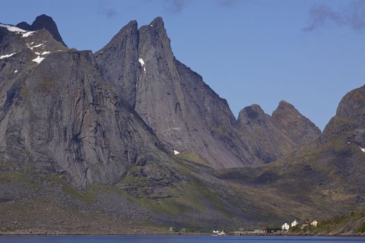 Scenic fjord Reinefjorden on Lofoten islands in Norway, with high rocky mountain peaks towering above the sea