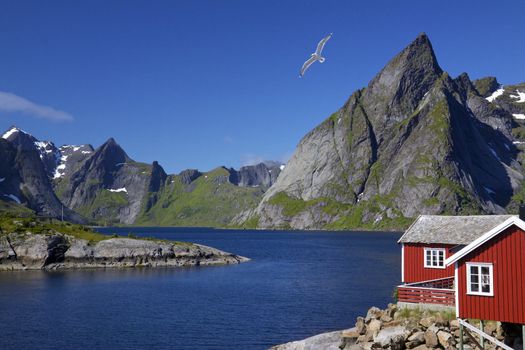 Scenic view of Lofoten islands with typical red fishing hut and towering mountain peaks around deep fjords