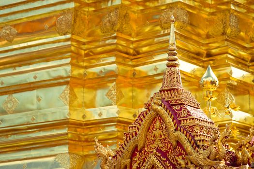 Golden wall in buddhist temple, Wat Doi Suthep, Chiang Mai, Thailand