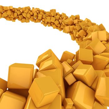 Flow of many yellow cubes on the white background