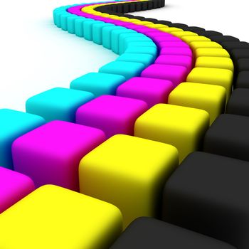 Winding strip of CMYK cubes on white