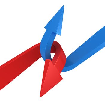 Blue and red arrows connecting on the white background