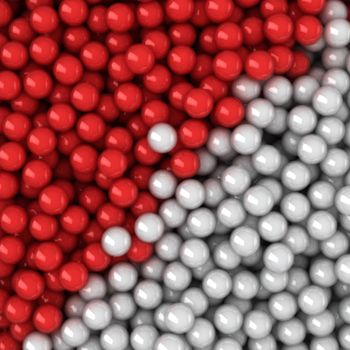 Heap of red and white balls, three-dimensional computer graphic.