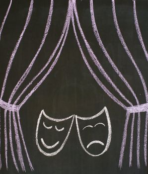 Comedy and tragedy masks at the theatre, drawn on a blackboard