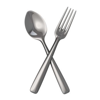Crossed metal spoon and fork isolated on the white background