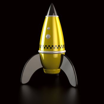 Yellow rocket taxi on the black background, 3d computer graphic