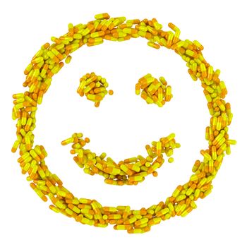 Happy smile made from many yellow pills, wellness concept