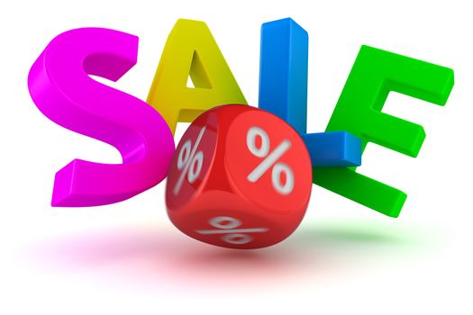 Big letters "Sale" falling from impact of dice