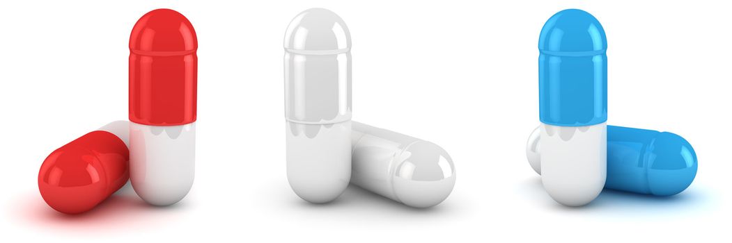 Drug capsules in a row, three-dimensional computer graphic.