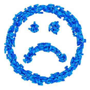 Sad smile made from many blue pills, sickness concept