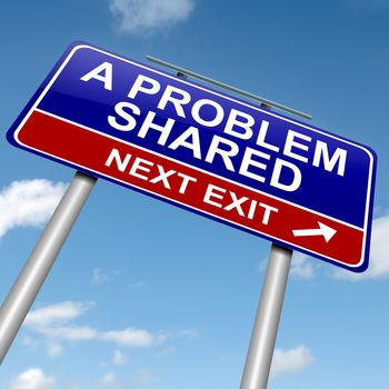 Illustration depicting a roadsign with 'a problem shared' concept. Blue sky background.