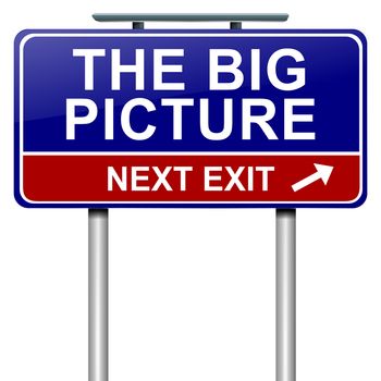 Illustration depicting a roadsign with 'the big picture' concept. White background.
