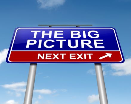 Illustration depicting a roadsign with 'the big picture' concept. Sky background.