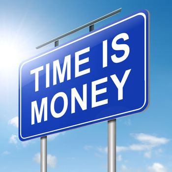 Illustration depicting a roadsign with a time is money concept. Sky background.