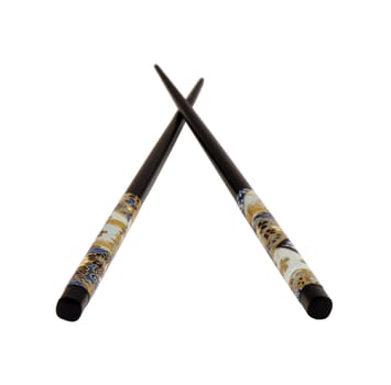 Chinese wooden eating sticks tool isolated on white. Black souvenir home decor.