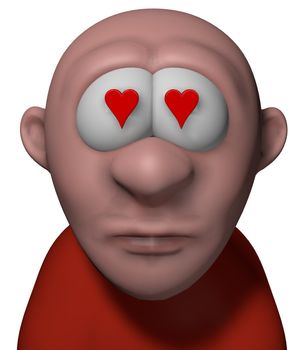 cartoon guy with red heart in his eyes - 3d illustration