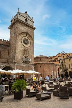 Mantua, Italy. July 13, 2021.  view of the clock tower in Piazza delle Erbe in the city center