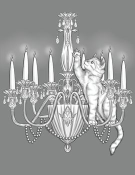 Playful Cat On Top Of A Lit Candle Chandelier Raising Paw Line Drawing.