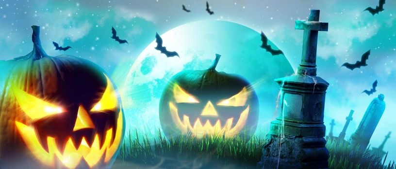 Halloween background with pumpkin in a spooky night.